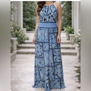 London Times Blue and White Paisley Maxi Dress